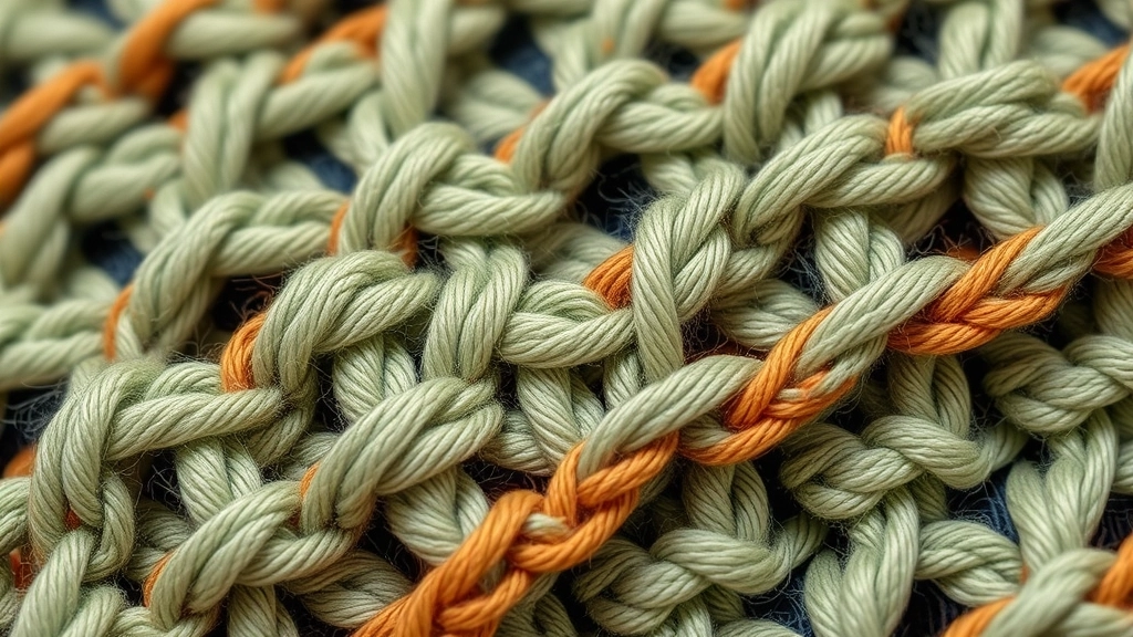 A detailed close-up of dense, low-stretch crochet stitches in organic cotton yarn.