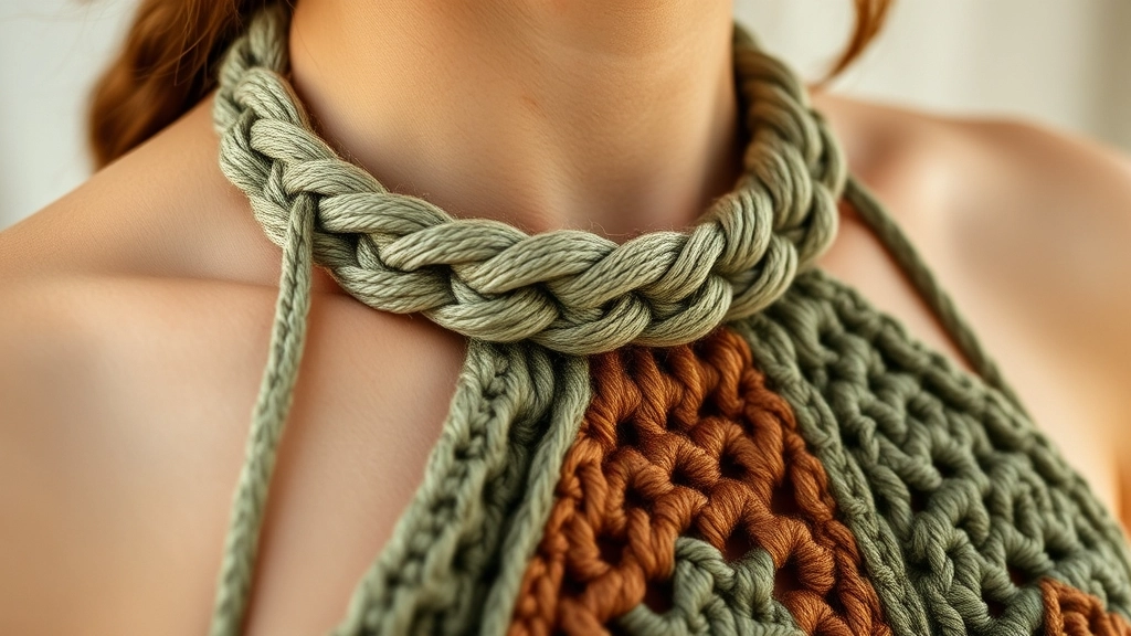 Close-up of a sturdy triple-strand braided strap attached to a crocheted halter top.