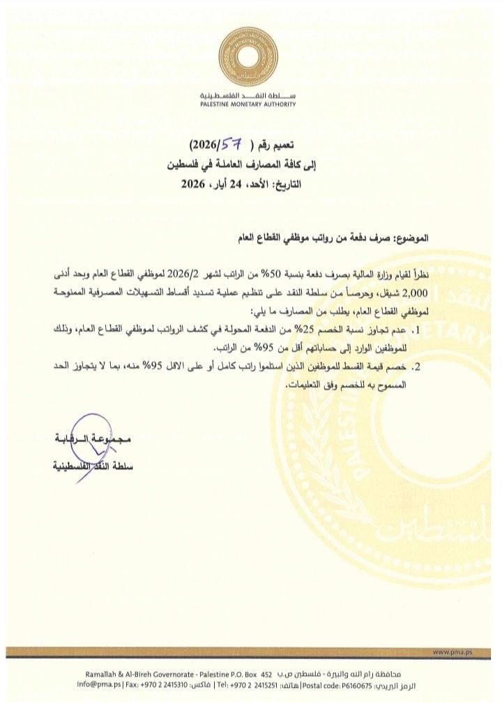 تعميم من سلطة النقد للبنوك بخصوص خصم الأقساط من موظفي القطاع العام المقترضين:

▪ عدم تجاوز نسبة الخصم 25% من الدفعة المحولة، وذلك للموظفين الوارد إلى ...