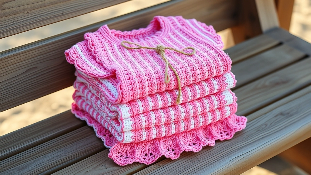 Neatly folded hand-crocheted striped mini dress and kimono cover-up set.