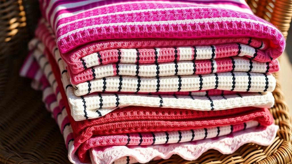 Crocheted fabric displaying stripes of pink, cream, dusty rose, and black.