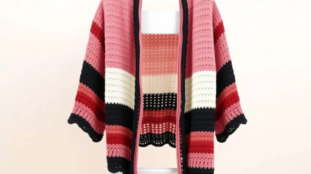 A long, open-front crocheted kimono cover-up with wide sleeves draped over a chair.