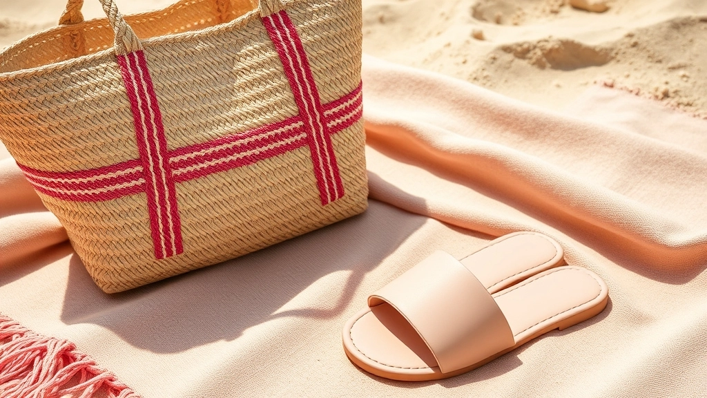 A striped woven tote bag and simple pink slide sandals on a beach towel.