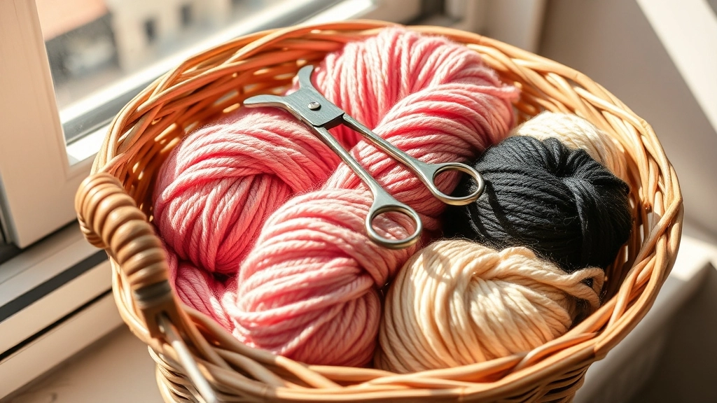 Skeins of pink, cream, and dusty rose cotton and bamboo blend yarns.