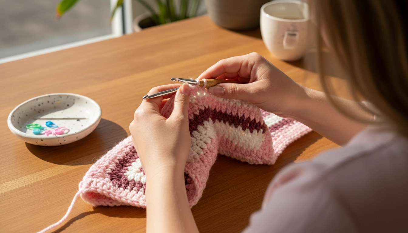 Hands crocheting a pink and cream striped pattern with a hook.