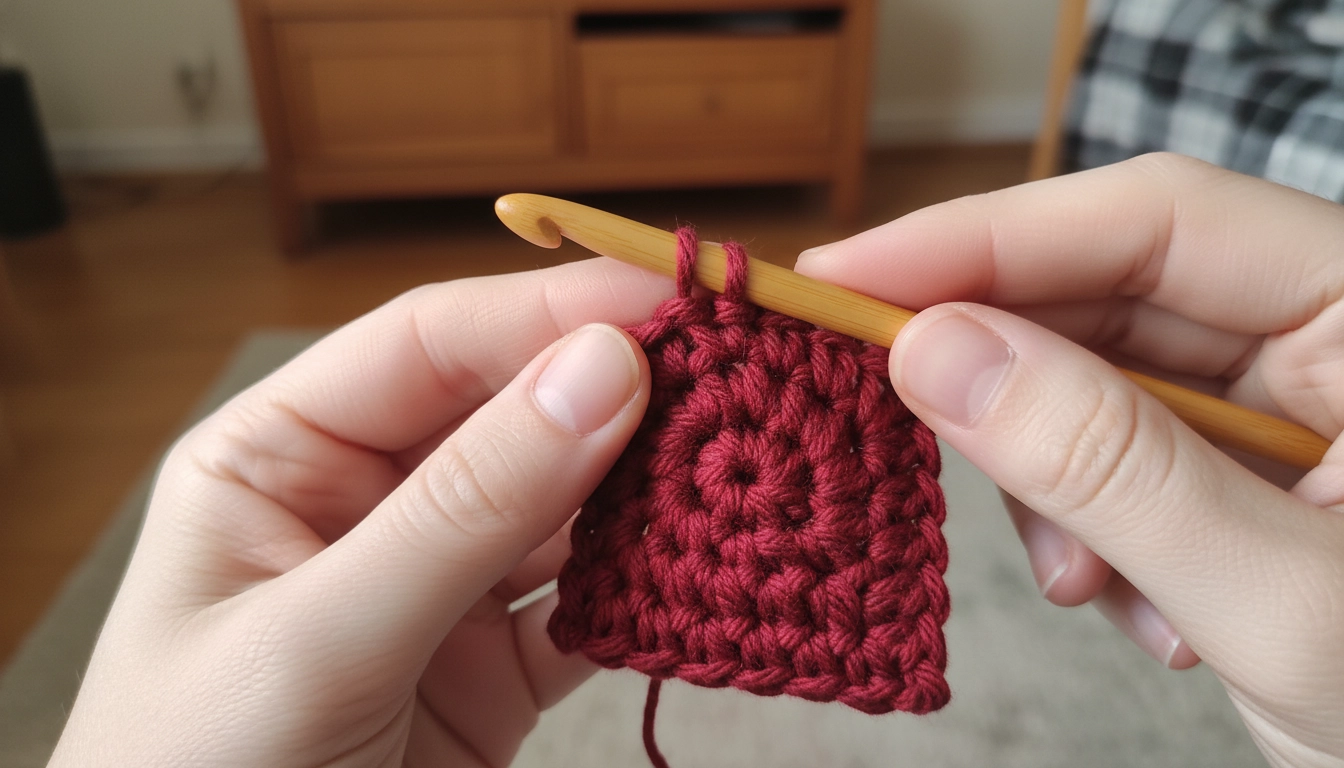 Close-up of hands crocheting a tight stitch swatch with red cotton yarn to show tension control.