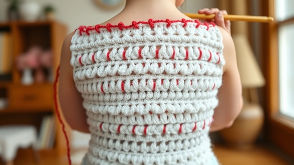 Close-up of the back of a crochet piece showing neat intarsia color transitions between red and white yarn.