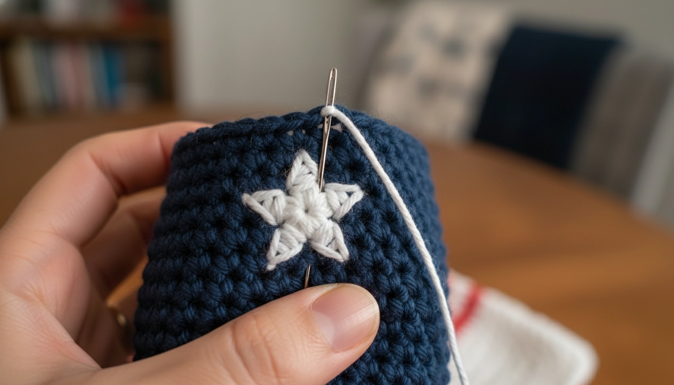 A close-up of a hand embroidering a white cotton star onto a solid blue crocheted cup.