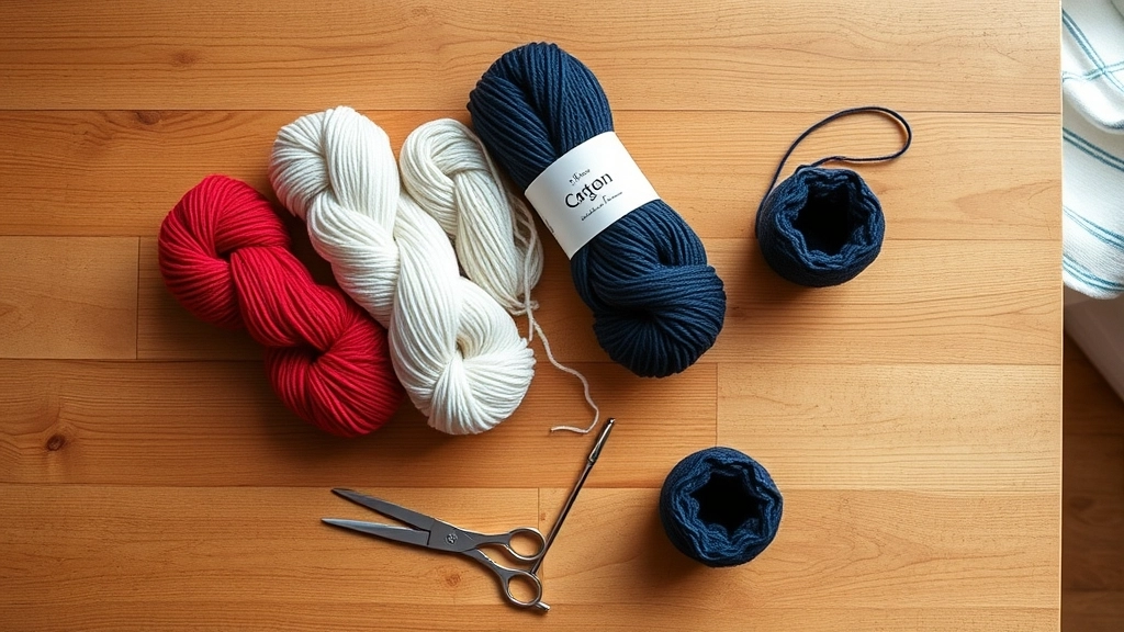A cozy crafting table with red, white, and blue yarn skeins, a crochet hook, and work-in-progress cups.