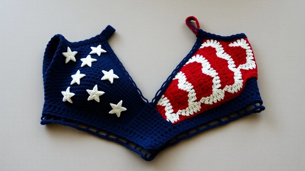A completed asymmetrical Stars & Stripes Handmade: Crocheting an American Flag Halter Bralette Top showing both cups.