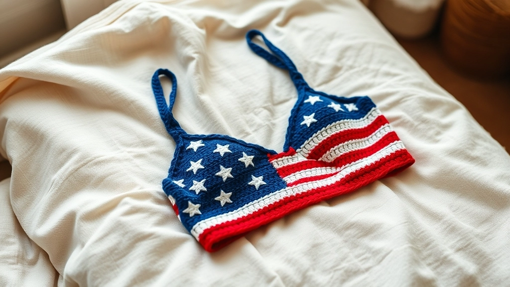 A neatly folded handmade crochet American flag halter top resting on a soft linen blanket.