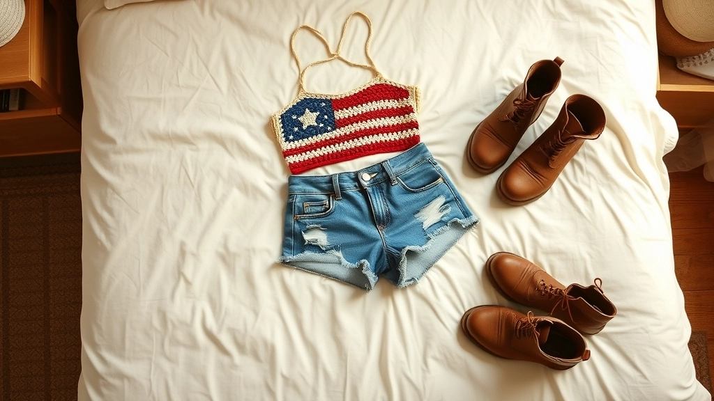 A handmade crochet flag halter top styled with high-waisted denim shorts and leather boots for a festival look.