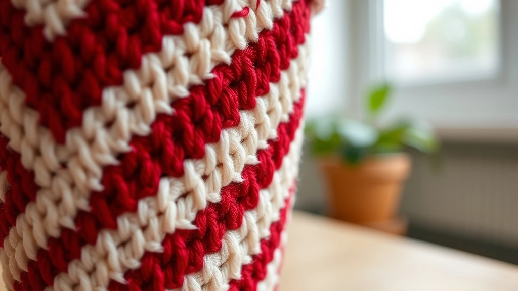 A detailed close-up of diagonal red and white chevron stripes on a crocheted cup.