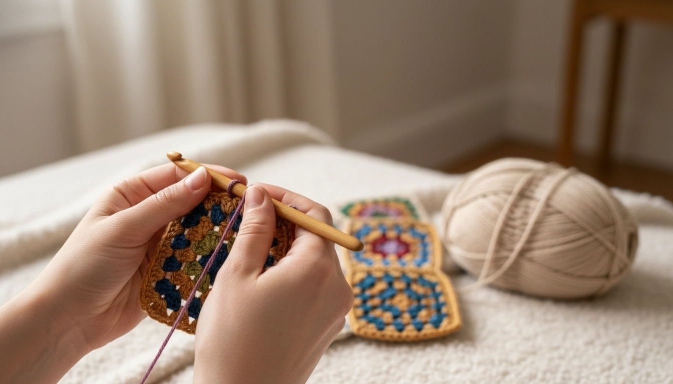 Hands holding a wooden crochet hook and working on a colorful granny square with cotton yarn.