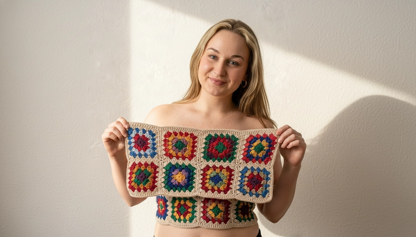 A person happily holding up their finished, colorful handmade crochet granny square bandeau top.