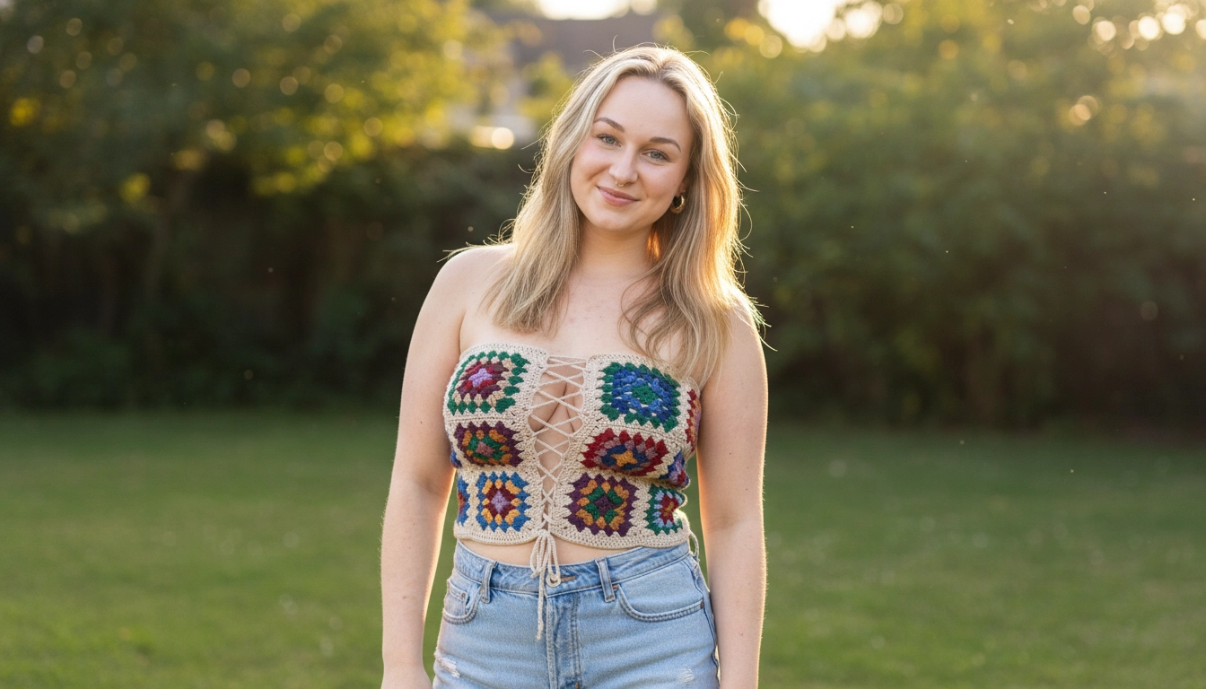 A young woman smiling outdoors while wearing a colorful handmade crochet granny square bandeau top.