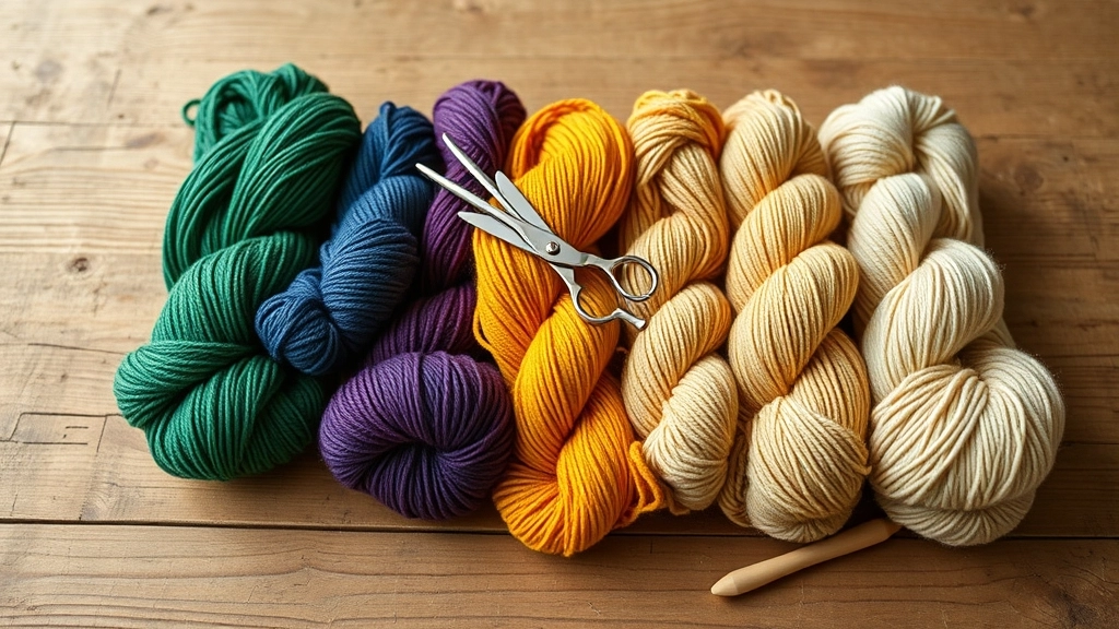 Skeins of mercerized cotton yarn in emerald green, royal blue, plum, gold, and sandy beige arranged on a table.