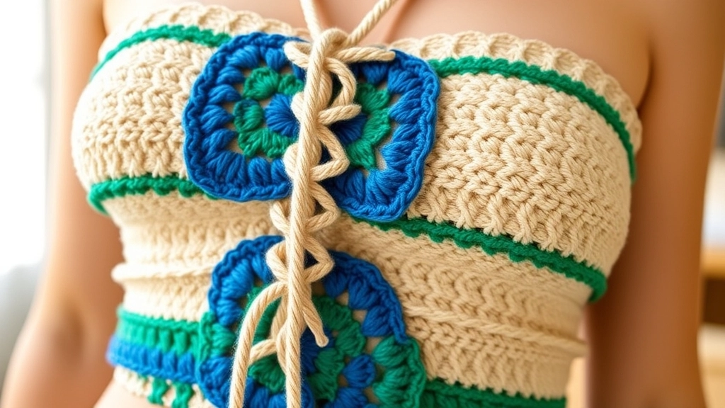 A close-up photograph showing the sturdy stitch tension and adjustable lace-up front closure of a crochet bandeau top.