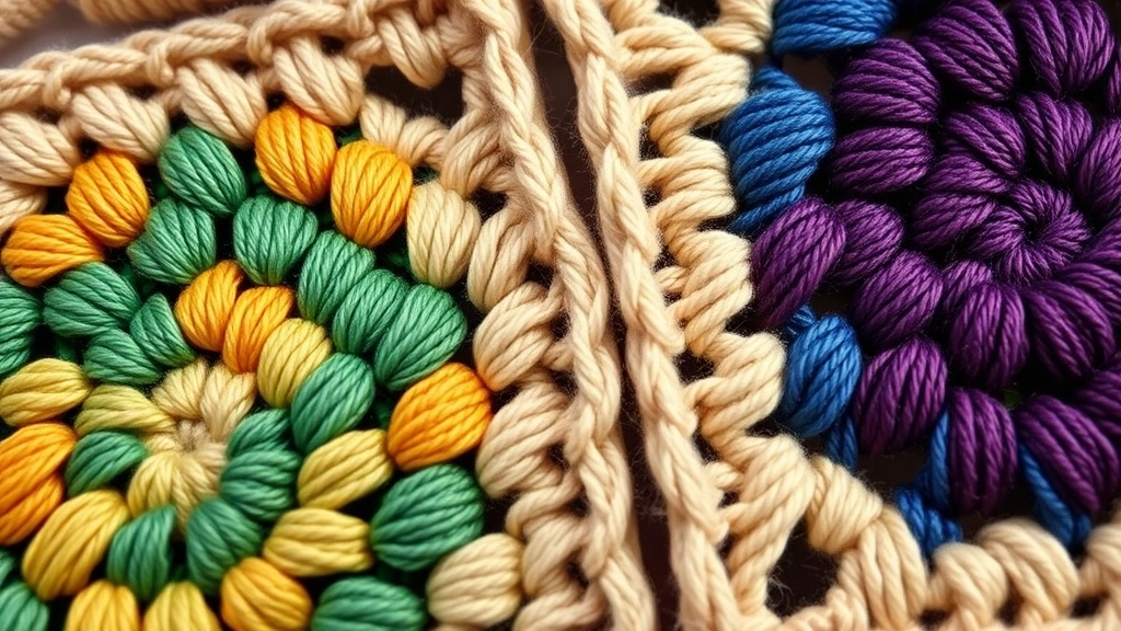 A detailed macro photograph of multicolor crochet granny squares joined together with neat beige whipstitches.