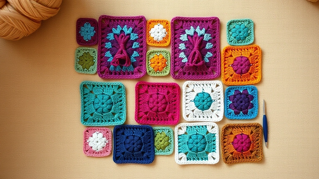 An array of completed colorful crochet granny squares laid out in a grid to plan the bandeau sizing.