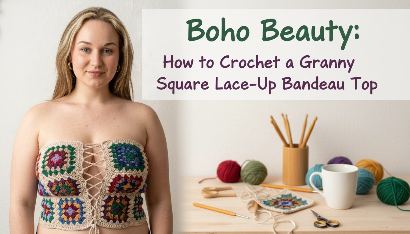 A cozy, amateur-style flat lay of a handmade crochet top, illustrating Boho Beauty: How to Crochet a Granny Square Lace-Up Bandeau Top with its colorful jewel-toned squares and beige lace-up details.