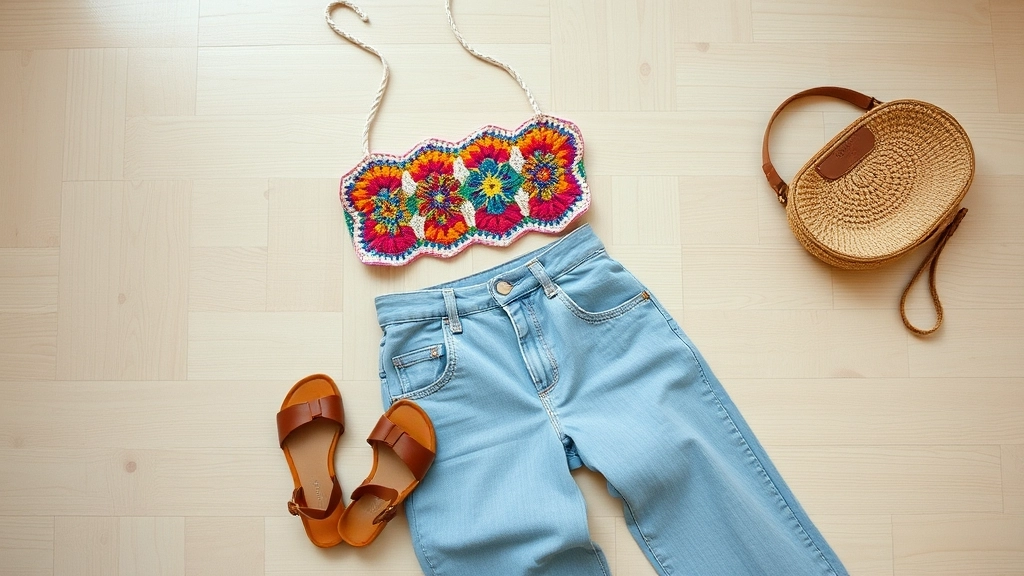 A stylish flat lay of a crochet granny square bandeau top paired with high-waisted wide-leg denim jeans and leather sandals.