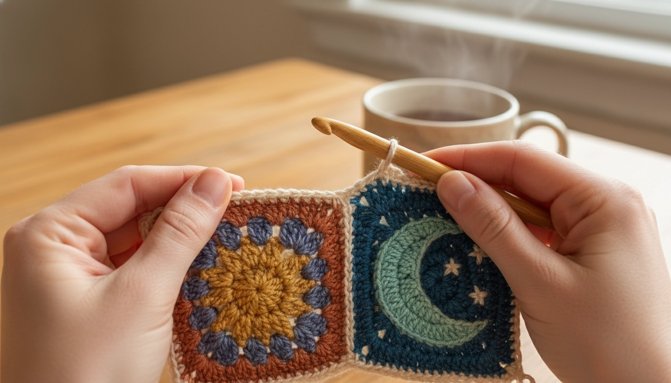 Hands using a crochet hook to join two celestial granny squares with a slip stitch.