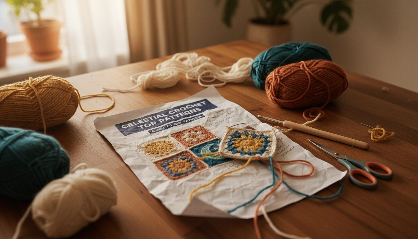 A crochet workspace with a printed pattern, a crochet hook, and a half-finished sun square.