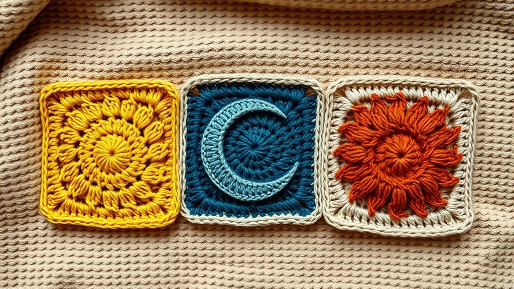 Three distinct crocheted granny squares featuring sun, crescent moon, and starburst motifs.