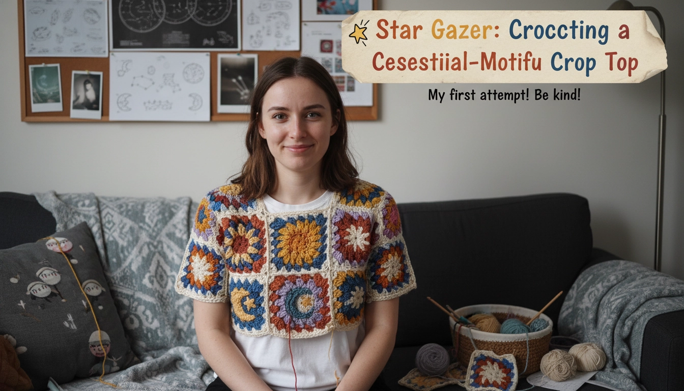A handmade Star Gazer: Crocheting a Celestial-Motif Granny Square Crop Top laid flat on a rustic wooden table.