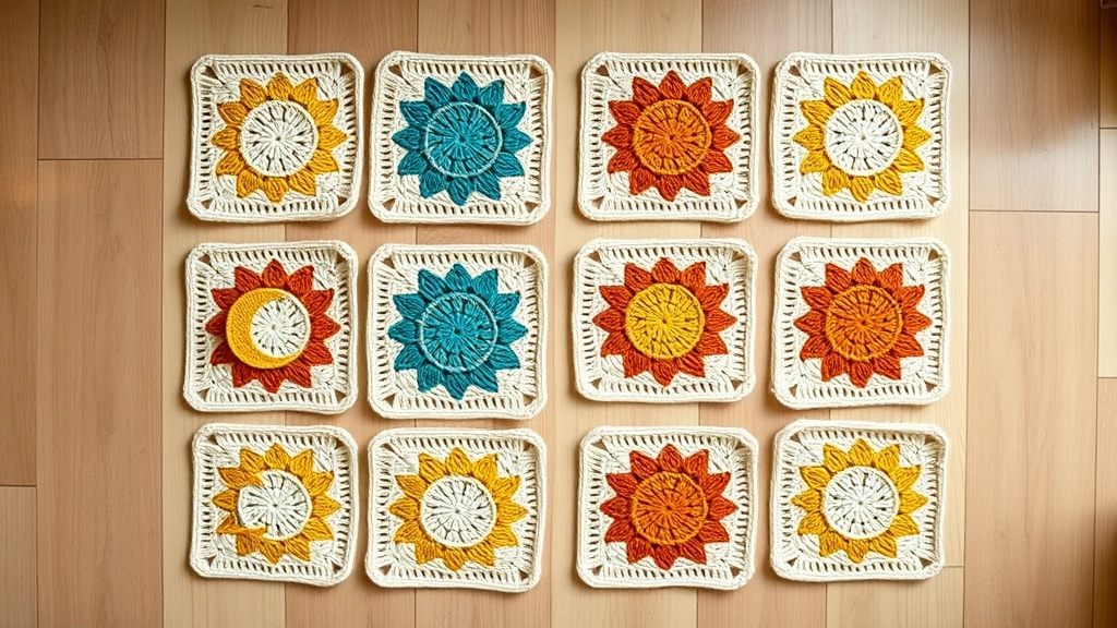 Several completed celestial granny squares laid out in a neat grid pattern.