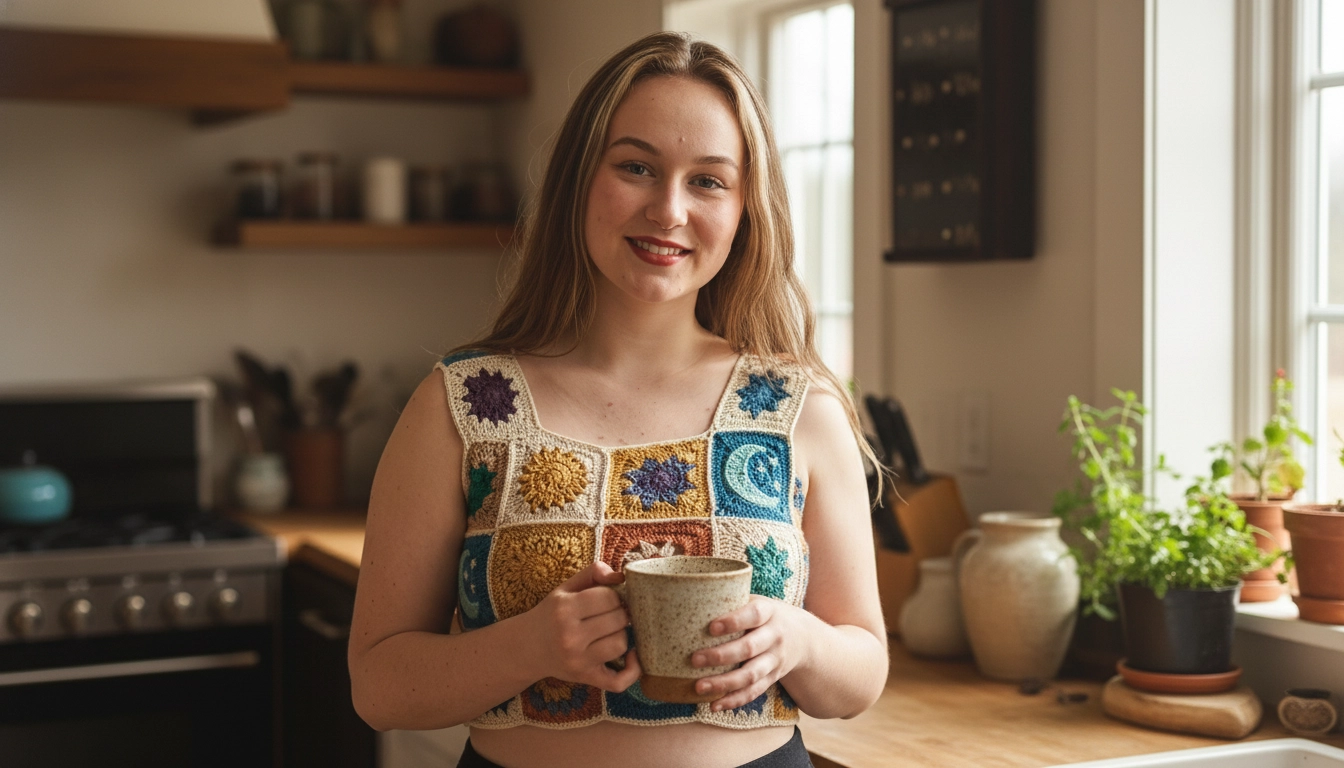 A person wearing the completed handmade celestial-motif crochet crop top.