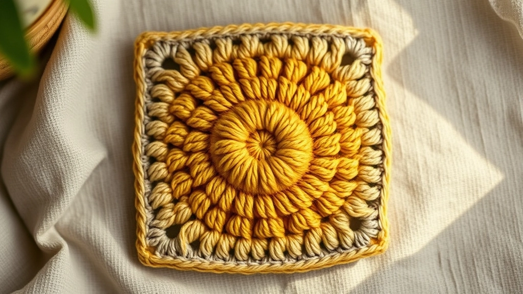 A close-up of a crocheted celestial granny square with a raised, textured sun center.