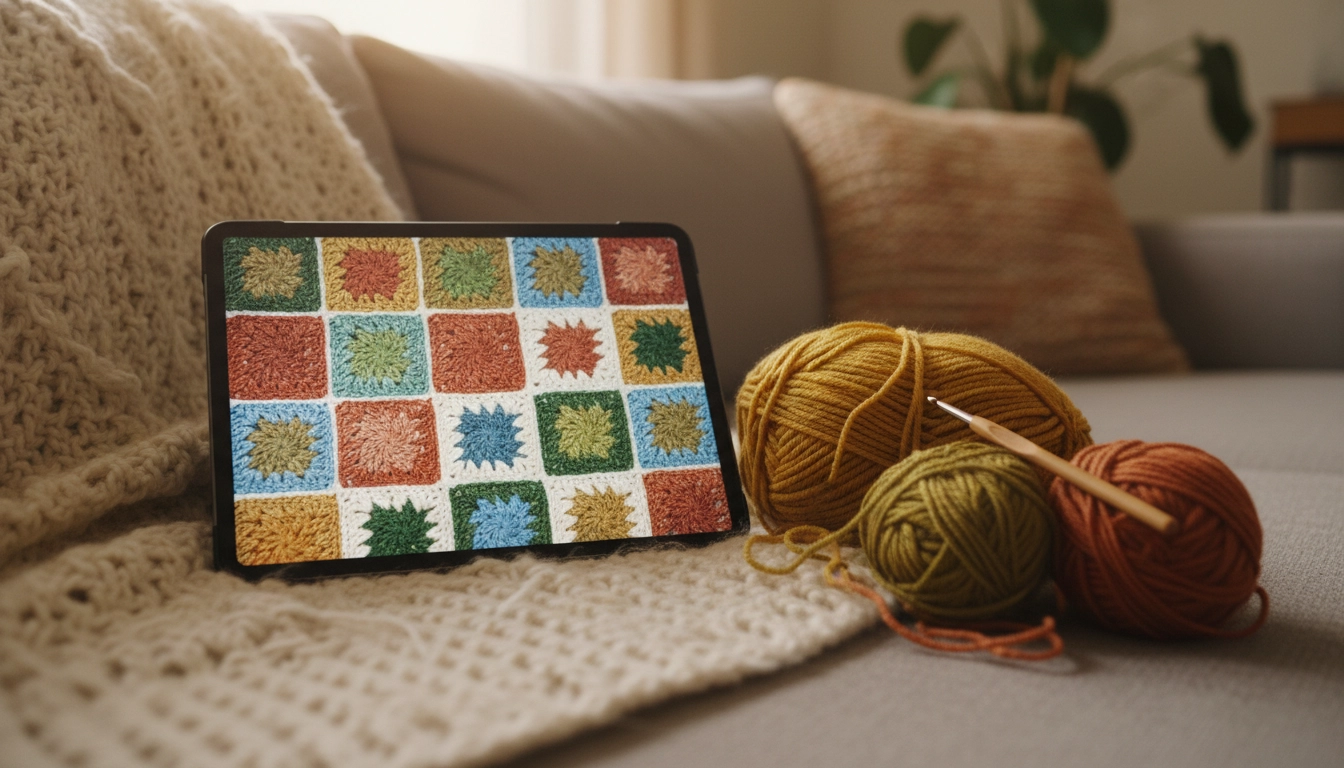 A tablet displaying a crochet diagram next to a basket of colorful yarn.