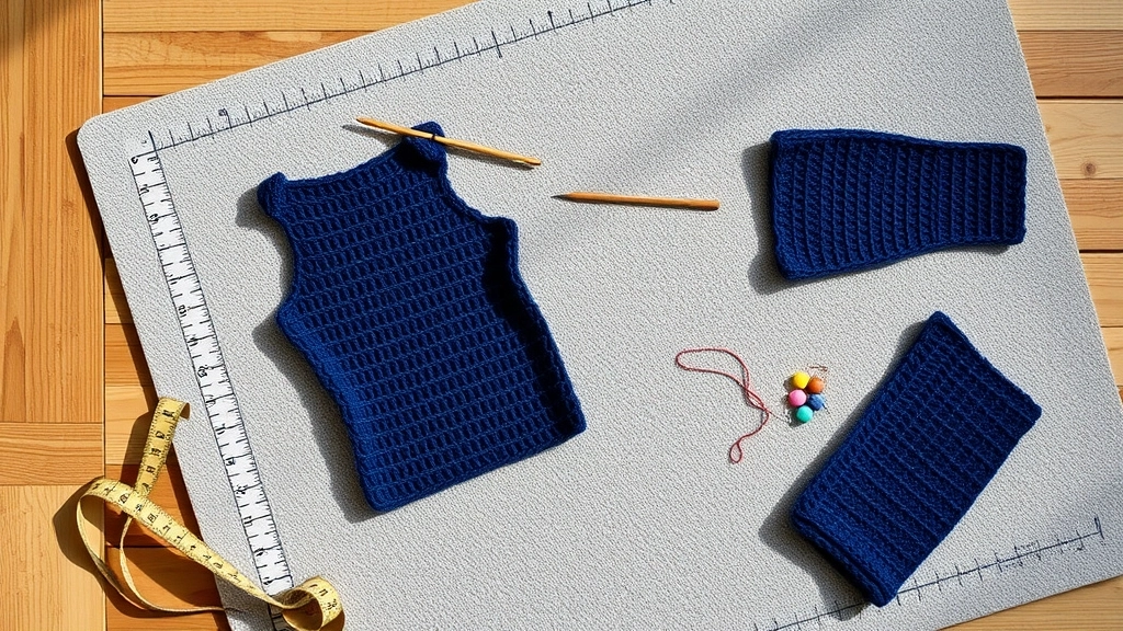 Crocheted navy blue panels for a shrug laid flat on a blocking mat with stitch markers and a measuring tape.