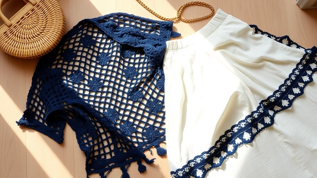A styled flat lay featuring a navy crochet shrug, a woven straw bag with a gold chain strap, and a white linen skirt.
