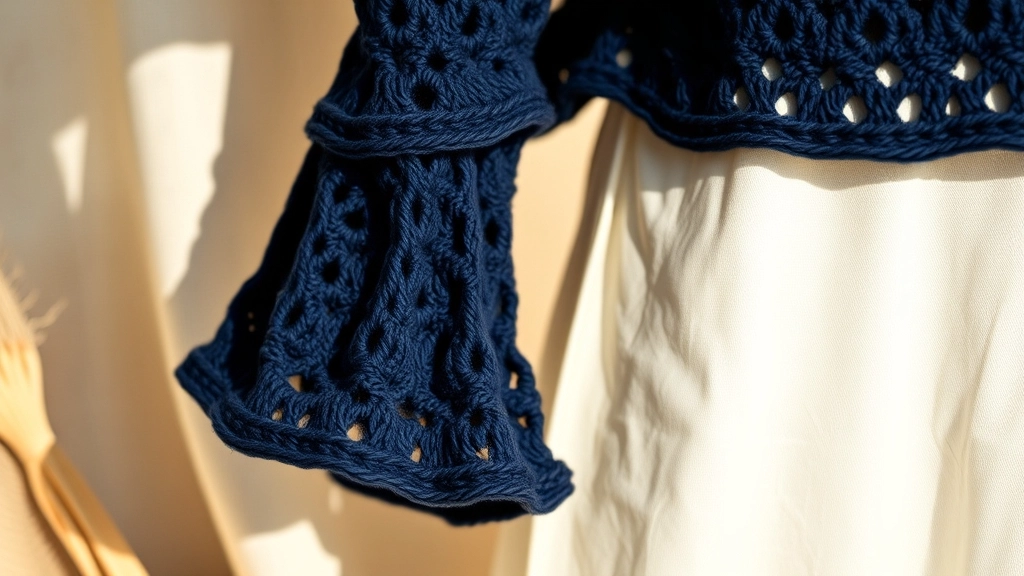 Close-up of a crocheted bell sleeve showing the wide-gauge mesh stitch structure.