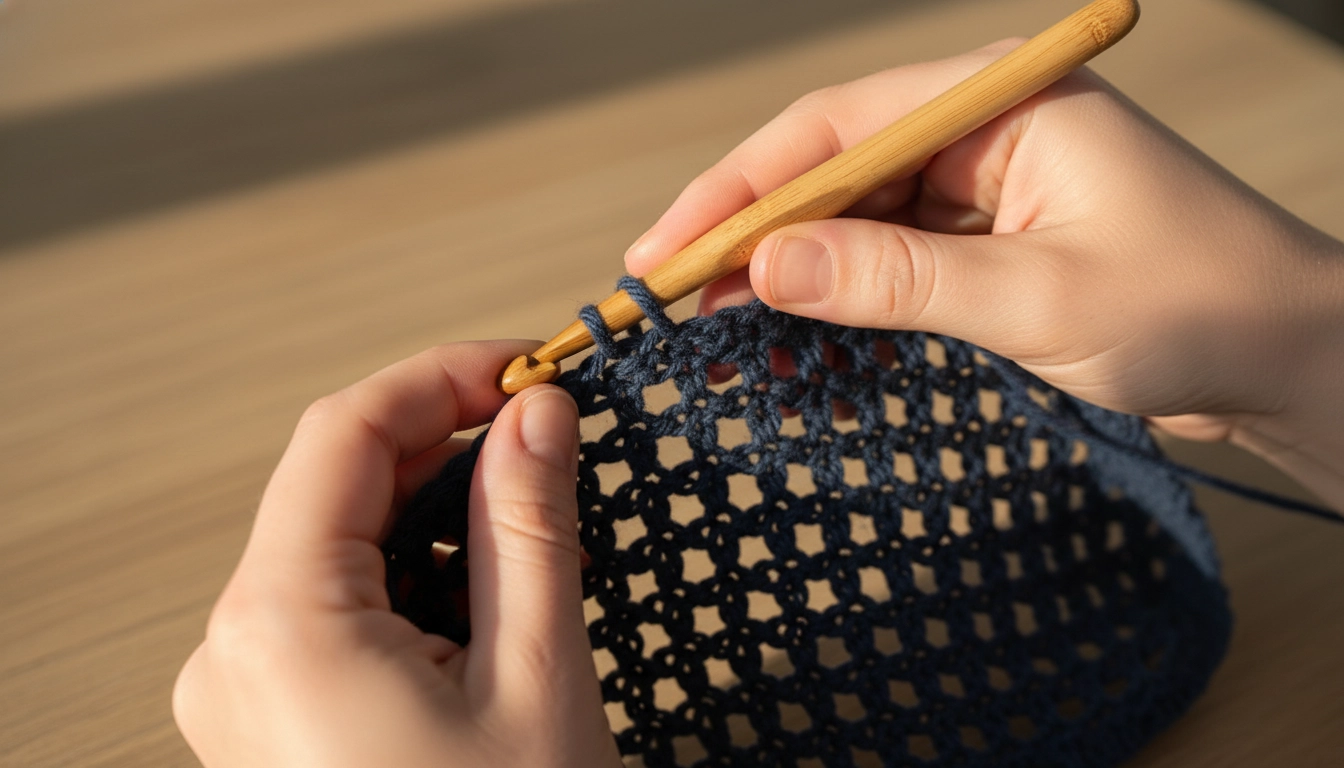 Hands crocheting a navy blue yarn open-mesh grid with a crochet hook, demonstrating proper tension.