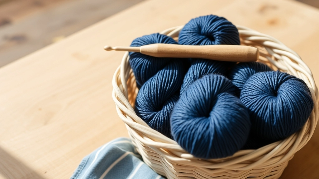 Skeins of navy blue DK weight cotton-blend yarn next to an ergonomic 5.5 mm crochet hook.