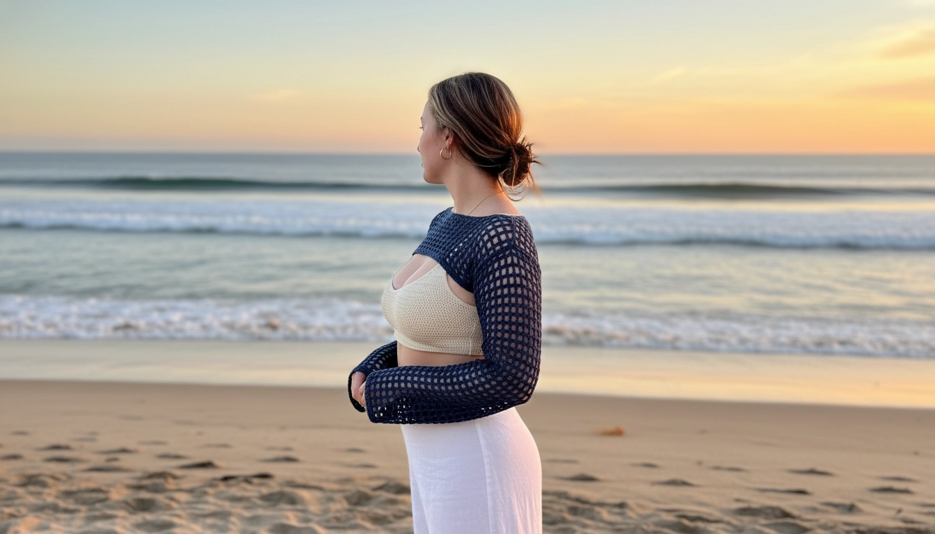 A woman wearing a navy open-mesh long-sleeve shrug over a simple top on a beach at dusk.