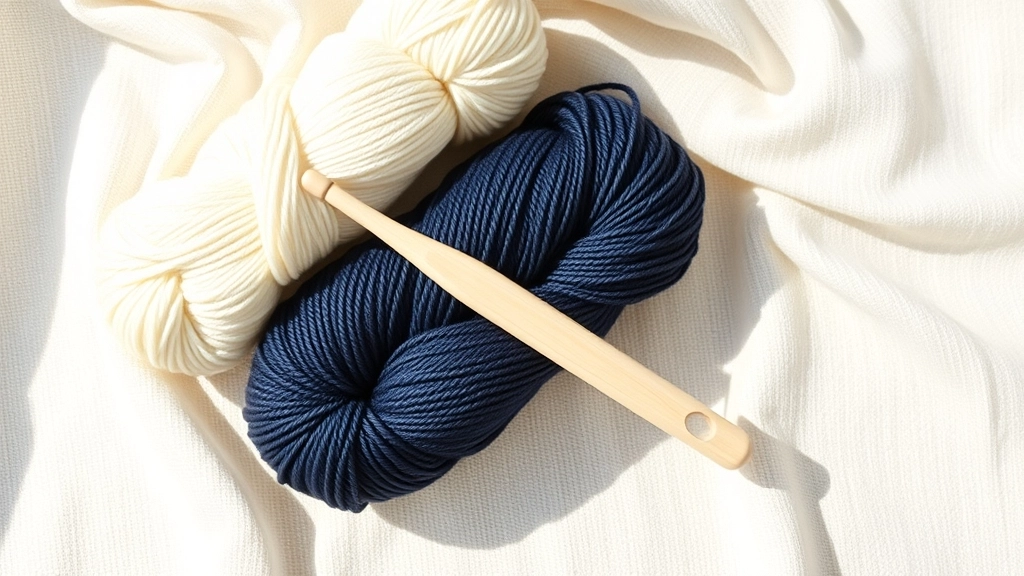 Skeins of premium organic cotton yarn in cream and deep navy blue for crocheting.