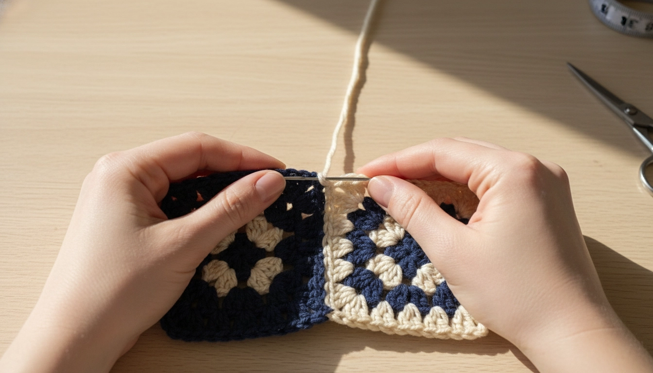 Joining crochet granny squares together in a precise grid layout for a dress bodice.