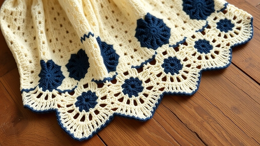 A close-up of geometric navy and cream granny squares featuring a scalloped hem.