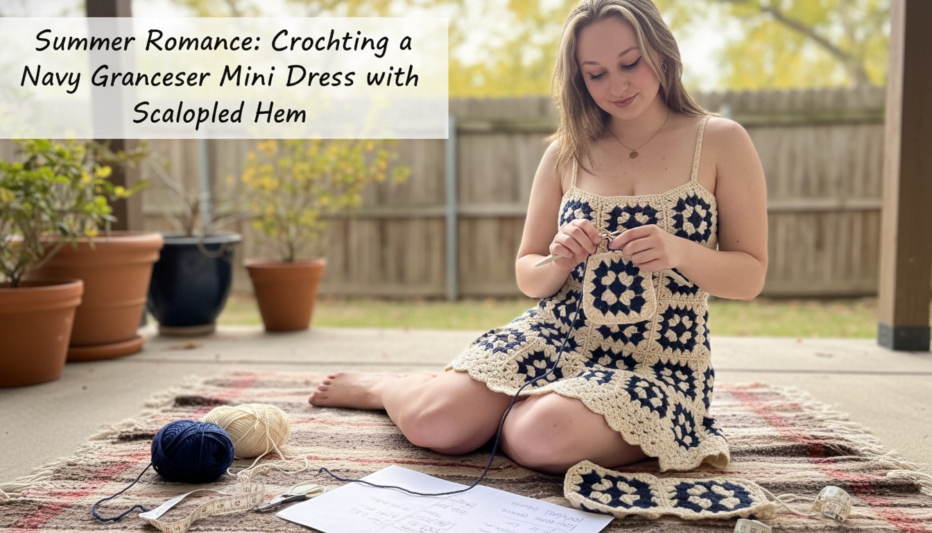A woman wearing a hand-crocheted dress from the tutorial Summer Romance: Crocheting a Navy Granny Square Mini Dress with Scalloped Hem