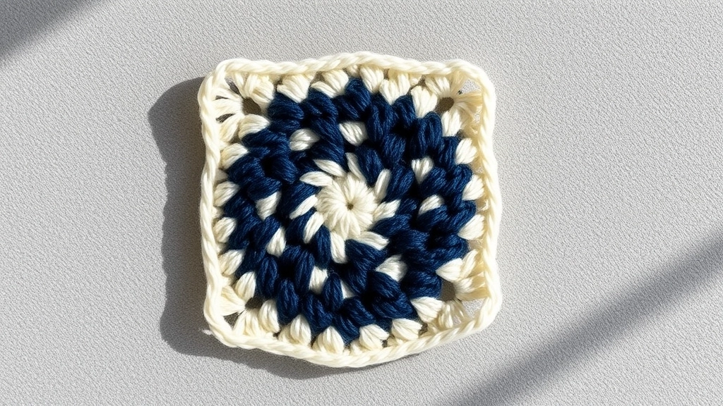 A completed four-round granny square motif in navy and cream cotton yarn.