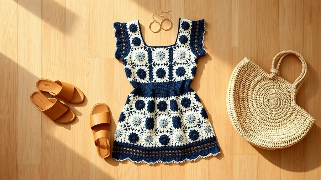 A summer flat lay styling of a navy crochet dress with leather slides, a straw bag, and gold hoops.