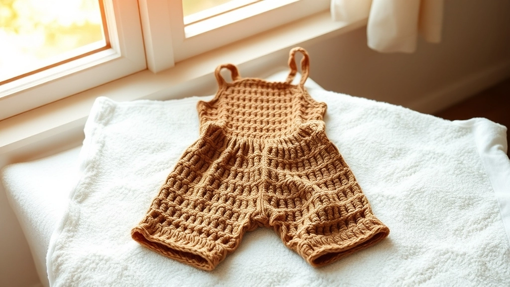 A wet crochet romper laid out flat on a white cotton towel to air dry.