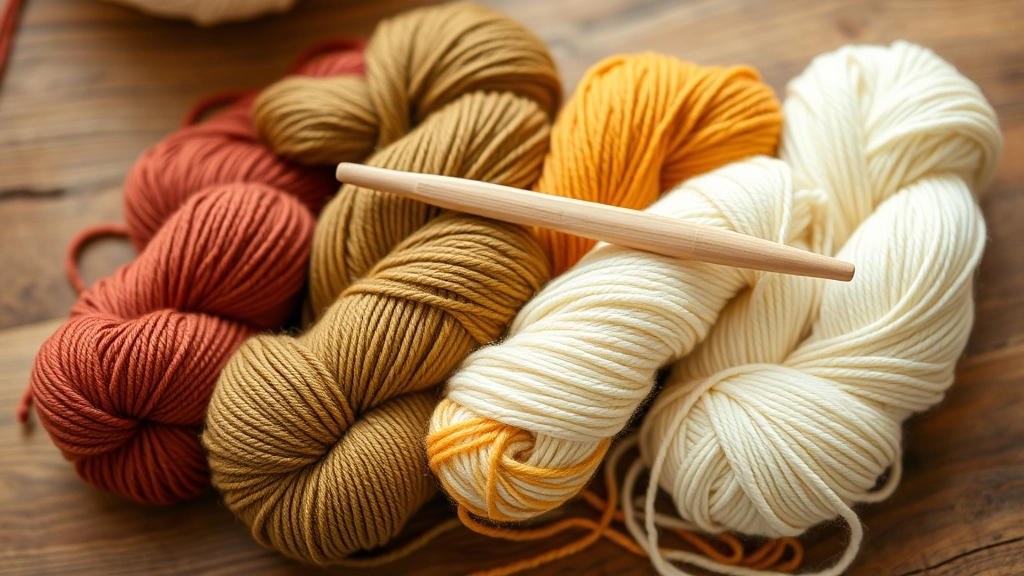 Four skeins of cotton yarn in rust, olive green, mustard yellow, and cream arranged together.