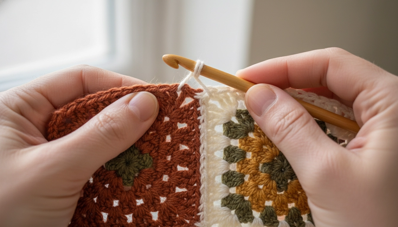 Hands using a crochet hook to join two earth-toned granny squares with a flat slip-stitch.