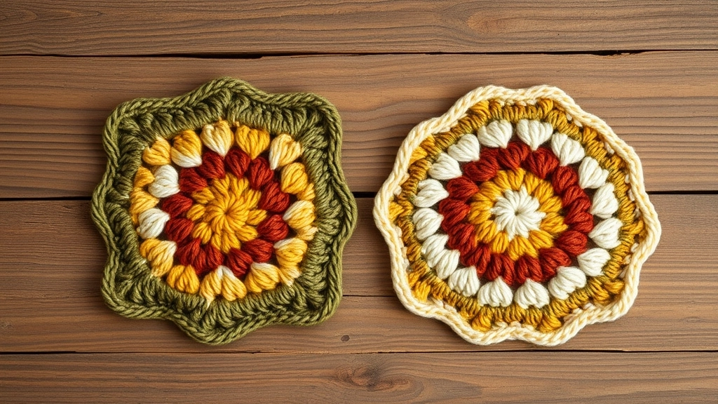 A completed classic granny square and a matching triangle motif in rust, olive, mustard, and cream.